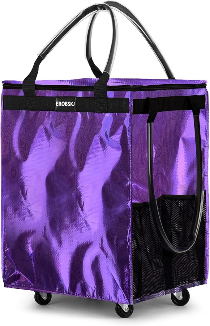 (Medium, Light Purple) Reusable Grocery Bag on Wheels, 70L Foldable Rolling Tote, Carries Up to 66 lbs Shopping Trolley, Zipper Clouser Shopping Carts for Trips, Laundry, 4 Heavy Duty Wheels