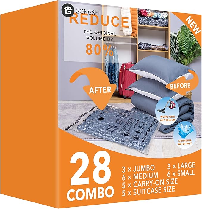 GONGSHI Vacuum Storage Bags, Space Saver Seal Bags For Clothing, Travel Luggage,Blankets, Comforters, Pillows, Clothes Storage.28 Combo