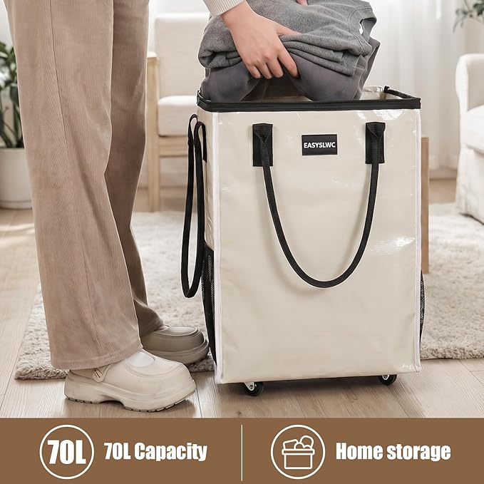 Reusable Hauler Rolling Tote Bag, Collapsible Portable Shopping Cart with Wheels for Groceries, Apartments Laundry, Organization, Heavy Duty Utility Tote, Travel and Moving, 75lbs, Beige