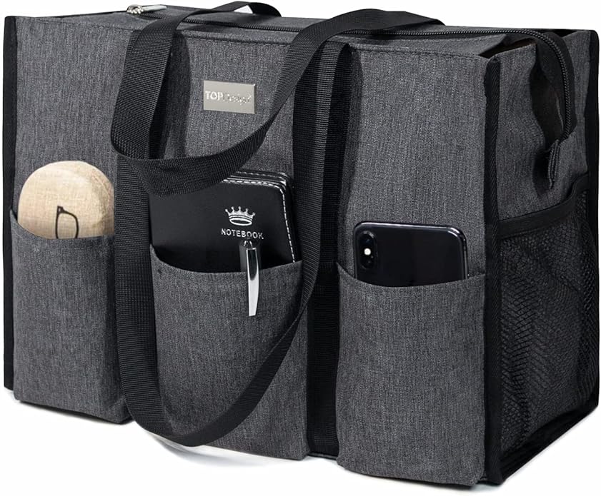 TOPDesign Utility Water Resistant Tote Bag with 13 Pockets, Top Zipper Closure & Thick Bottom Support, for Working Women