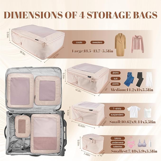 Compression Packing Cubes for Travel, 4-Pack Luggage Organizer Bags with Double Zipper, Breathable Mesh & Nylon Twill, Grey Suitcase Organizers for Efficient Packing(Beige)
