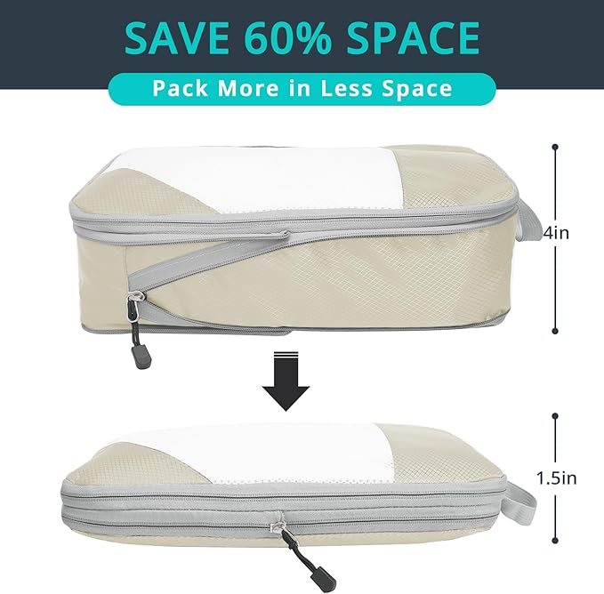 9 Set Compression Packing Cubes for Travel - Compressible, Lightweight, and Space-Saving Packing Cubes, Travel Essentials for Women, Beige