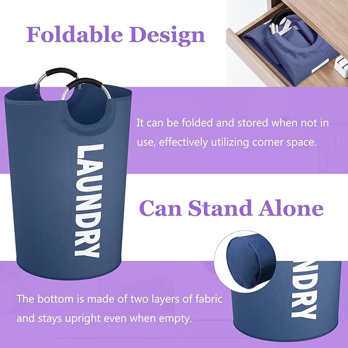 125L Collapsible Laundry Basket with Handles, Extra-large Laundry Hamper for Bedroom, Freestanding Dirty Clothes Basket, Sturdy Laundry Bin for Living Room, Camping, Navy Blue