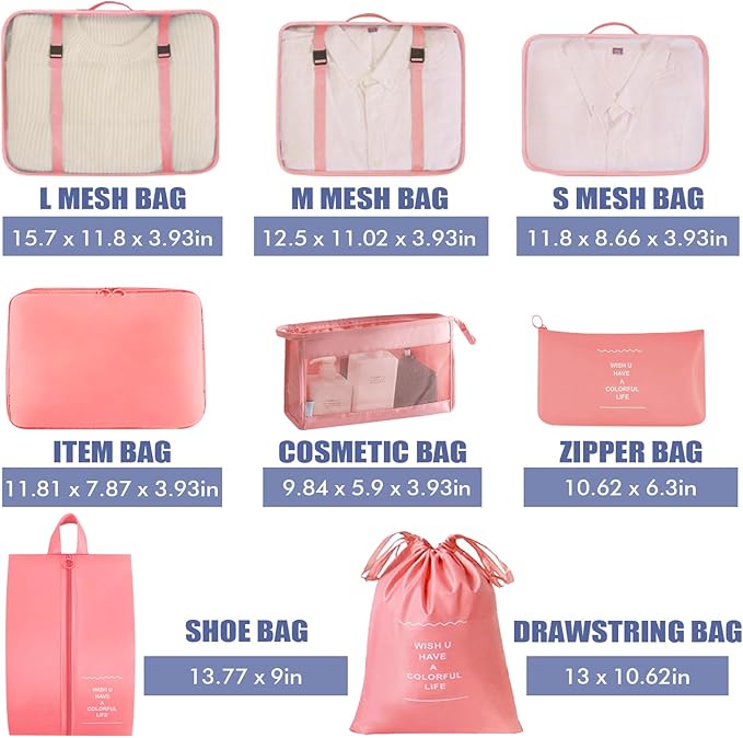8 Set Packing Cubes for Suitcases, INVODA Travel Luggage Packing Organizers with Laundry Bag, Compression Storage Shoe Bag, Clothing Underwear Bag (Pink)