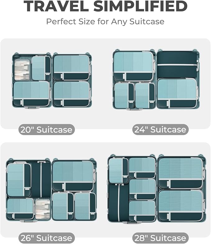 Percover Compression Packing Cubes for Travel, 4-Piece Structured Compression Organizer Set with Label Pockets for Carry-On & Checked Luggage, Peacock Green