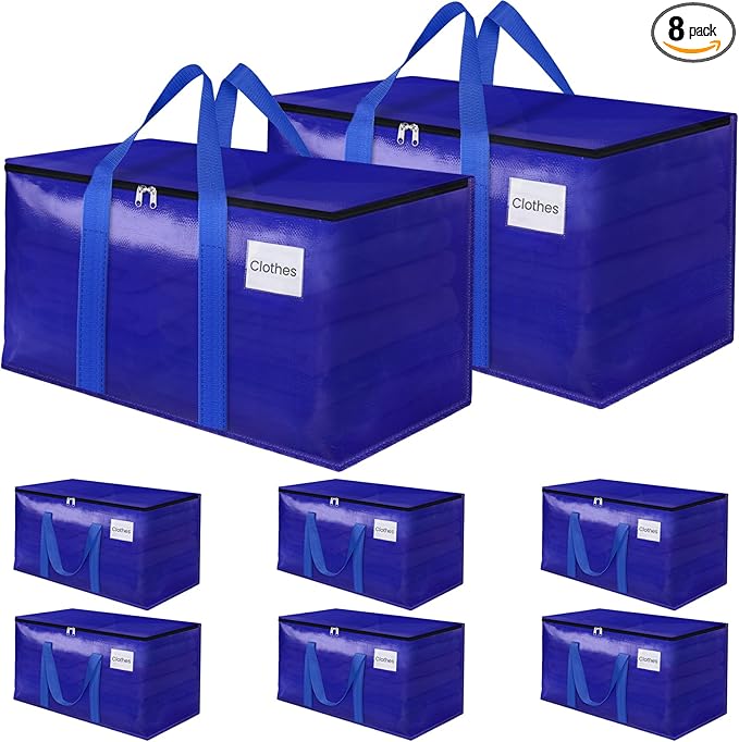 FabSpace Moving Storage Bags, Moving Supplies Packing Boxes for Moving, Camping, College Dorm Room Essentials for Girls, Blue Tote Bags, Heavy-Duty Storage Bins With Lids And Zippers, 76L 8Pack