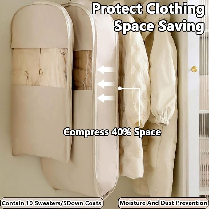 Space Saving Hanging Garment Bag with Self Compression Zipper，Dust Cover Clothes Bags for Down Coat,Dress,Suit，Closet Storage Organizer for Home Travel Use (Beige, Medium)