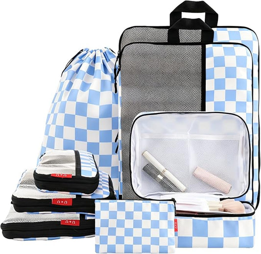 U+U 8 Set Compression Packing Cubes - Ultralight Travel Organizers with Laundry Bag and Cosmetic Bag, Space-Saving Suitcase Organizer for Travel, Business Trip and Family Vacation (Blue Checkered)