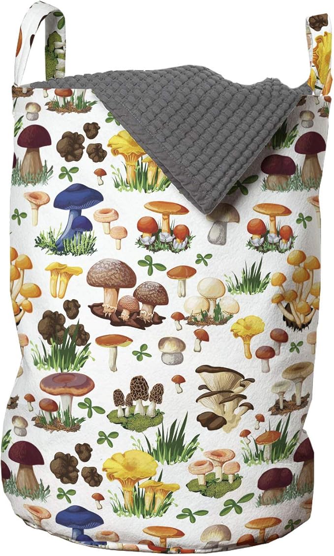 Ambesonne Mushroom Laundry Bag, Pattern of Mushrooms Wild Species Natural Food Garden Exotic Wilderness Art, Hamper Basket with Handles Drawstring Closure for Laundromats, 13" x 19", Brown Beige Green