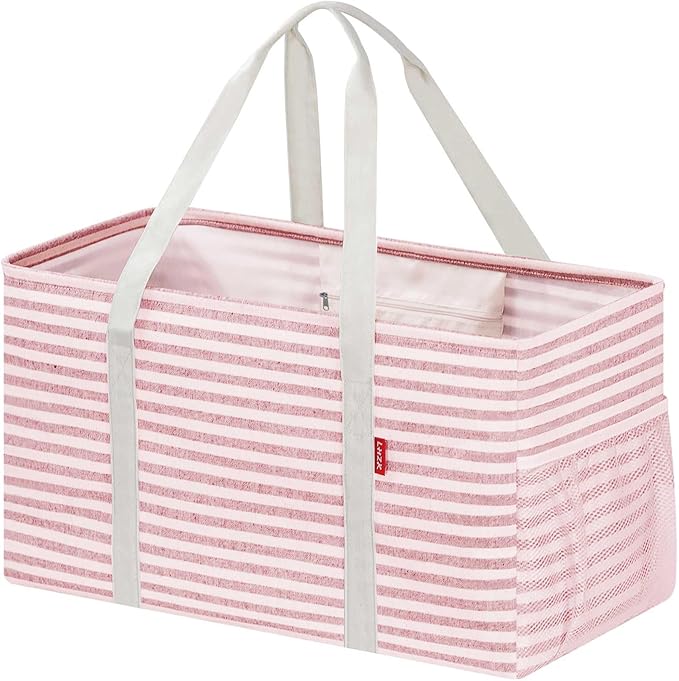 LHZK Standing Extra Large Utility Tote Bag with Metal Wire Frame and the Sides Rinforced, Extra Large Tote Bag with Handle, Reusable Grocery Bags Foldable, Beach Bag, Car Tote (Pink) | Metal Wire Frame