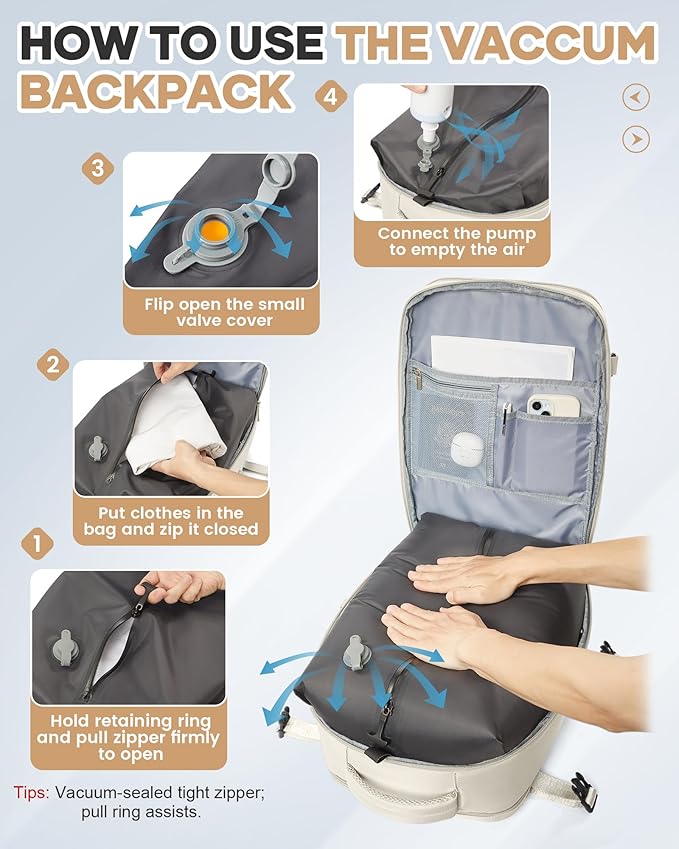 WONHOX Vacuum Seal Travel Backpack with Air Pump,Compression Vacpack Waterproof Carry On Backpack for Travel Women Men with Vacuum System,Airlines Approved Daypack Laptop Space Saver Bags,Beige