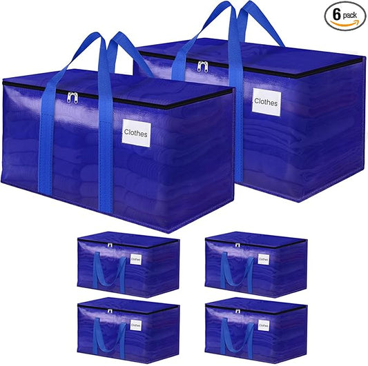 FabSpace Moving Storage Bags, Moving Supplies Packing Boxes for Moving, Camping, College Dorm Room Essentials for Girls, Blue Tote Bags, Heavy-Duty Storage Bins With Lids And Zippers, 76L 6 Pack