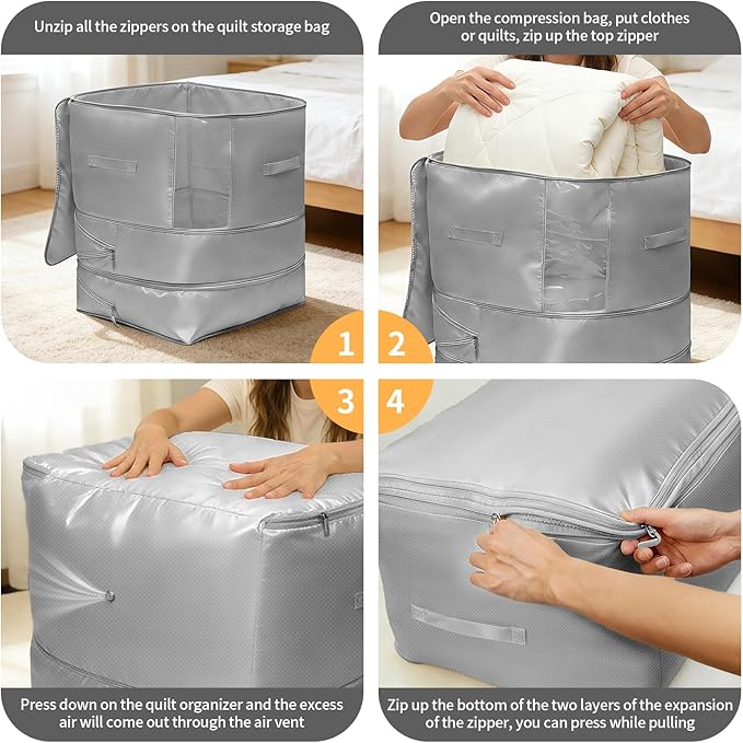 6 Pack Upgrade Comforter Storage Bag with Handle, Space Saving 3-Layer Adjustable In 3 Sizes (142L, 107L, 71L), Compression Blanket Storage Bags, Washable Bedding Organizer For Pillow Duvet Clothing