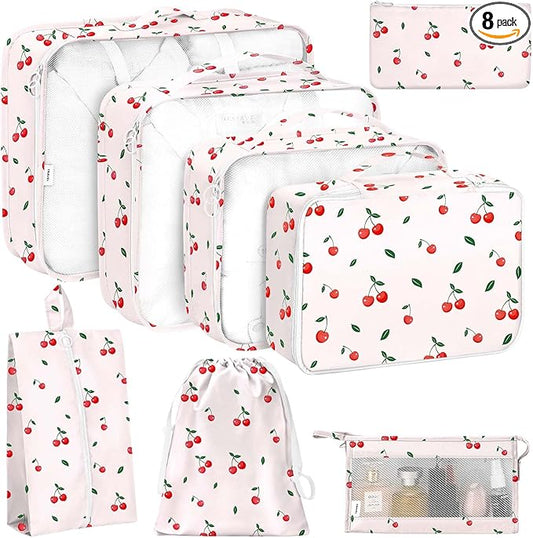 KPX 8 Set Packing Cubes for Travel, Luggage Packing Organizers Accessories Large Toiletries Bag for Clothes Shoes Cosmetics (Cherry)