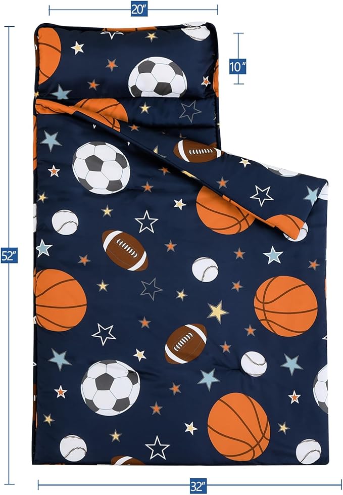 PHF Ball Toddler Nap Mat Set, with Removable Pillow for Toddler Boys, Soft and Lightweight for Daycare, Preschool, Travel, Kindergarten Sleeping Bag, Fits Ages 3-6 Years, Ball
