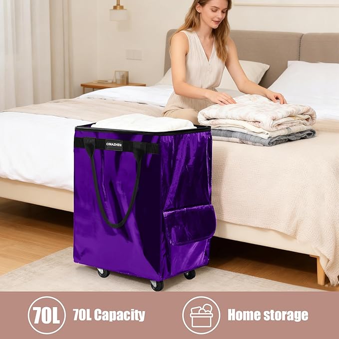 (Medium,Purple) Reusable Grocery Bag on 4 Wheels, Foldable Rolling Tote Bag with 3 Handles and Zipper, Storage Organizer for Groceries, Rolling Shopping Cart for Travel, 76lb