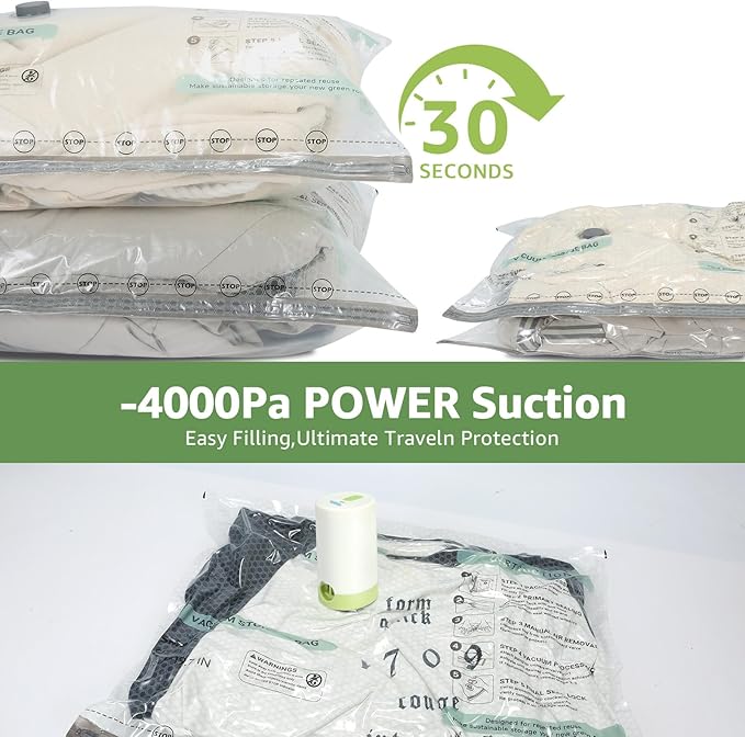 12 Packs Vacuum Bags for Travel with Rechargeable air Pump, 3 Sizes Vacuum Seal Bags for Clothing, Space-Saving Compression Storage Bags for Travel & Closet Organization