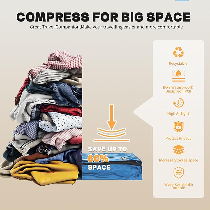 Reusable Vacuum Bags for Travel With Pump,Professional Waterproof IPX8 Zipper Vacuum Compression Bag for Suitcases Backpack,Space Saver Bags Packing Organizers for Clothing Packing(3 Pack,Blue)