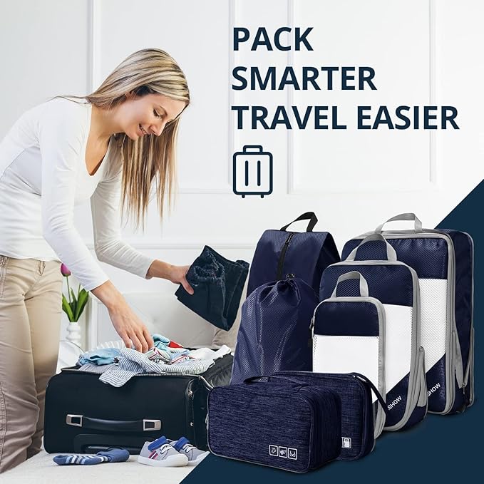 NICOSHOW 7 Set Compression Packing Cubes for Travel - Compressible, Lightweight, and Space-Saving Packing Cubes, Travel Essentials for Women, Navy