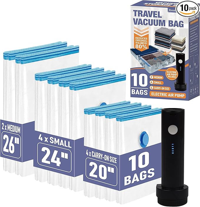 Travel Vacuum Storage Bags with Rechargeable USB Air Pump, Space Saver Vacuum Seal Bags for Luggage, Sealer Compression for Clothes, Comforters, Blankets, Bedding, 10 Combo