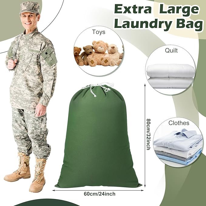 4 Pcs Army Laundry Bags 24'' x 32'' Extra Large Heavy Duty Military Barracks Drawstring Canvas Cotton Laundry Bags for Home Travel Camp Clothes Organizer Storage