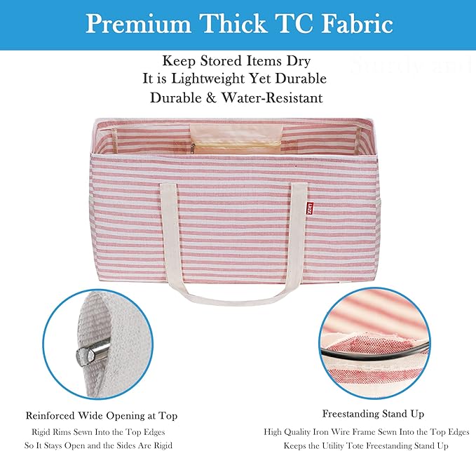LHZK 2 Pack Extra Large Utility Tote Bag with Metal Wire Frame and the Sides Rinforced, Extra Large Tote Bag with Handle for Pool Beach Laundry Storage (Pink)