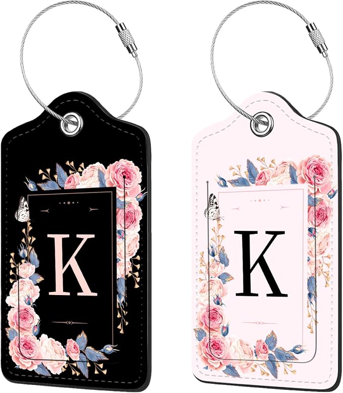 2 Pcs PU Leather Luggage Tag for Suitcases with Privacy Shield and Name ID Tag Address Card Travel Cruise Luggage Tag, Suitable for Men and Women Baggage Handbag Backpack,Flower and Monogram(Letter K by Anikathy