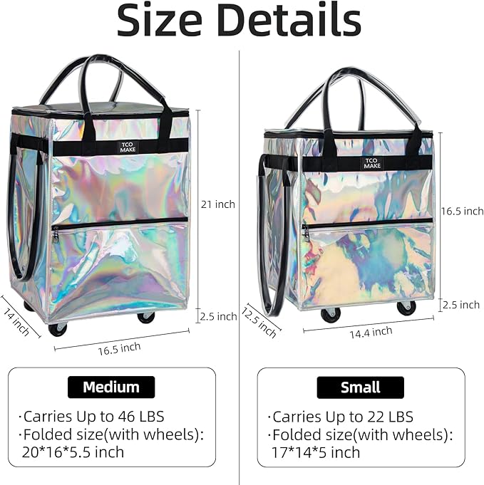 Reusable Grocery Bag on Wheels, Rolling Shopping Bags with Wheels and Handle, Folding Rolling Tote Trolley, 3 Pockets and Zipper Cover, Carries Up to 46 LBS (Medium, Phantom White)