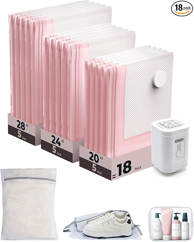 BAGSMART Vacuum Seal Storage Bags for Clothing Travel, 18 Pack Travel Essentials Bundle includes Laundry Bag & Waterproof Shoe Bag & TSA Approved Toiletry Bag, Hand Pump Included
