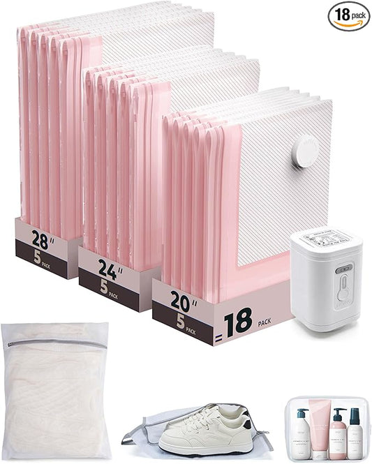BAGSMART Vacuum Seal Storage Bags for Clothing Travel, 18 Pack Travel Essentials Bundle includes Laundry Bag & Waterproof Shoe Bag & TSA Approved Toiletry Bag, Hand Pump Included