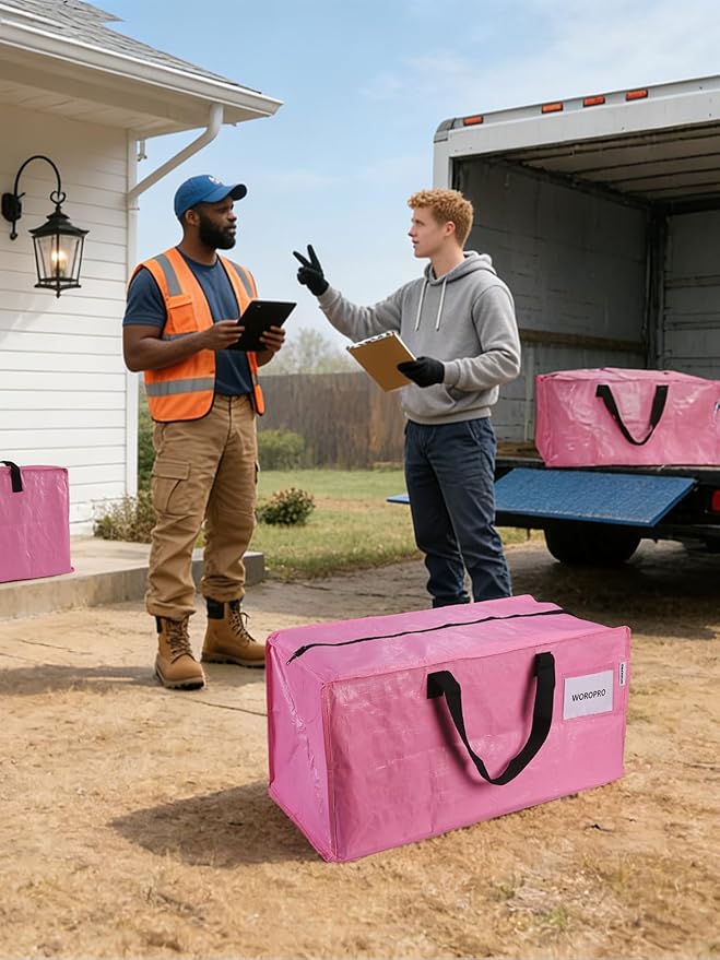 WORKPRO 8 Pack Extra Large Moving Bags with Zippers & Carrying Handles Backpack Straps, Heavy-Duty Storage Tote for Space Saving Moving Storage (Pink)