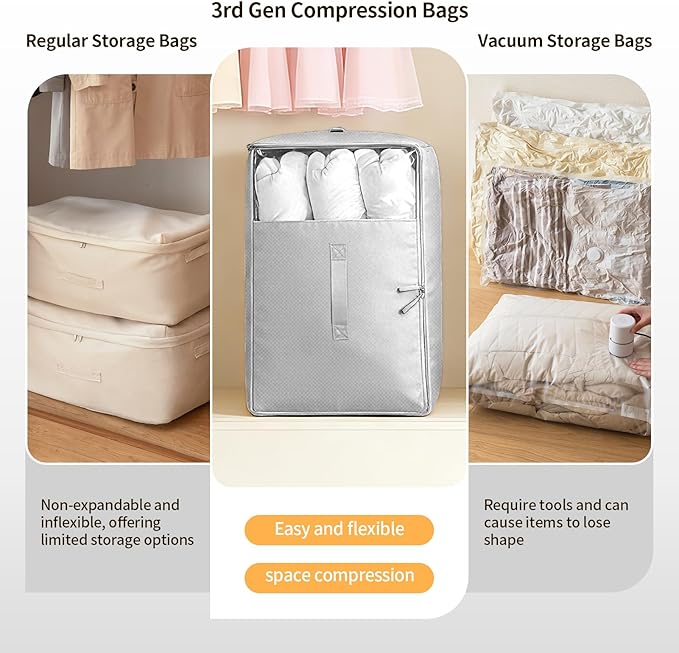 2 Pack Upgrade Comforter Storage Bag with Handle, Space Saving 3-Layer Adjustable In 3 Sizes (142L, 107L, 71L), Compression Blanket Storage Bags, Washable Bedding Organizer For Pillow Duvet Clothing