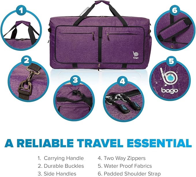 Bago Extra Large Duffle Bag for Travel Women & Men. Durable, Lightweight, Foldable Travel Duffel Bags For Traveling Women. 120L Duffle Bags Use As a Weekender Bag with Shoe Compartment, Checked Duffel