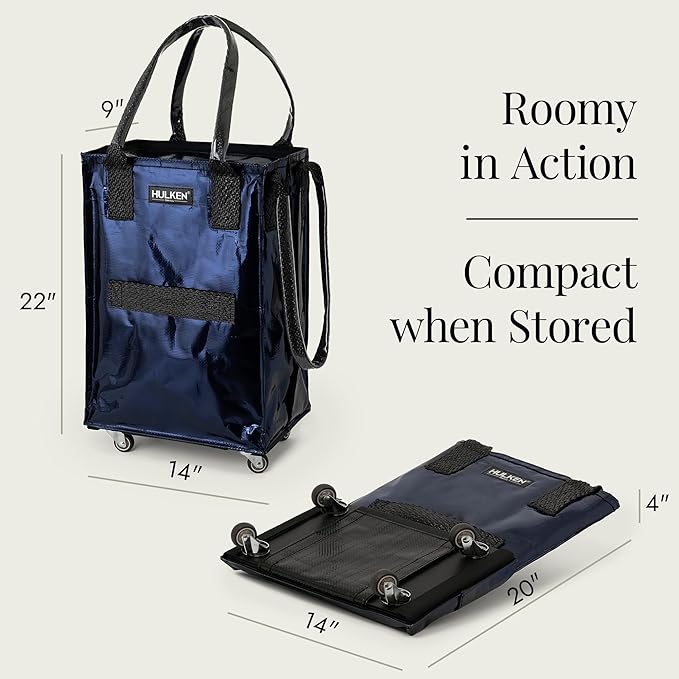 HULKEN (Small, Midnight Blue) Reusable Grocery Bag On Wheels, Shopping Trolley, Rolling Tote, Zipper Closure, Lightweight, Carries Up to 66 lb, Folds Flat