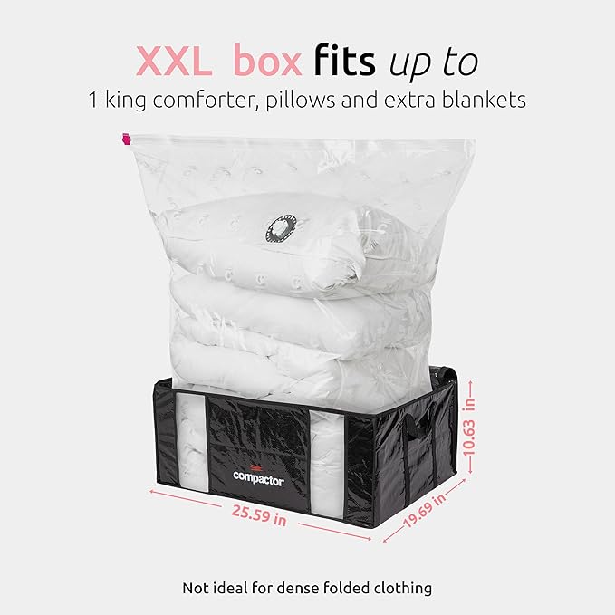 Compactor Vacuum Storage Bag with Semi-Rigid Box, Closet Organizer, Vacuum Seal Bags for Clothing and Bedding, Fits All Vacuum and Nozzle Types, 210L, Parissiene Black, XXL
