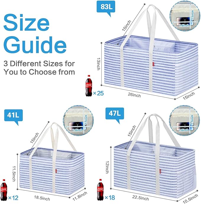 LHZK 2 Pack Utility Tote Bag with Metal Wire Frame and the Sides Rinforced, Large Tote Bag with Handle, Reusable Grocery Bags Foldable, Beach Bag, Car Tote (Blue, 18.5''x11.8''x11.5'')