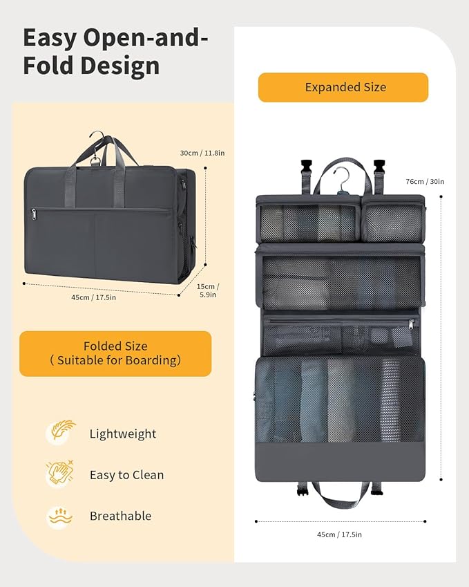 ECOHUB 8-in-1 Hanging Packing Cubes, Foldable Travel Storage Bag, Travel Organizer Expandable Packing Cube for Suitcase or Luggage (Grey)