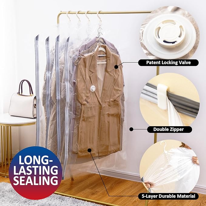 Hanging Vacuum Storage Bags, 6 Pack Large Hanging Vacuum Seal Garment Bags for Clothing, Space Saver for Clothes, Suits, Dresses, Jackets, Clothing Storage for Moving Supplies(6 Long)