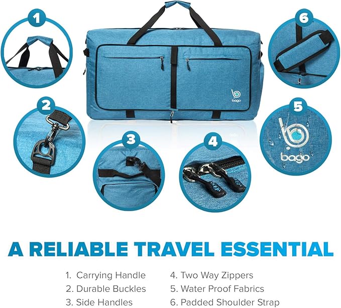 Bago Large Duffle Bag for Travel Women & Men. Durable Lightweight Foldable Travel Duffel Bags For Traveling Women. 100L Duffle Bags for Overnight Bag With Shoe Compartment Collapsible Weekender duffel