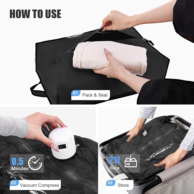 3PCS Vacuum Bags for Travel With Pump, 21L Reusable Vacuum Compression Bags with Waterproof Zipper, IP68 Waterproof Airless Travel Bags Save Space for Storage, Luggage, Backpack & Suitcase, Black