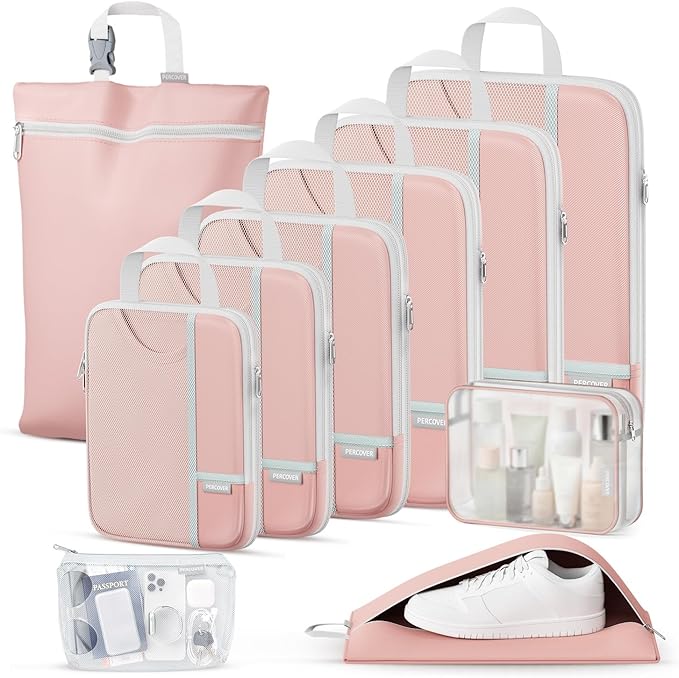 Percover Compression Packing Cubes for Travel, 10-Piece Structured Compression Organizer Set with Toiletry Bag, Laundry Bag & Shoe Bag for Carry-On & Checked Luggage, Pink