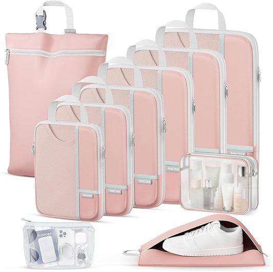 Percover Compression Packing Cubes for Travel, 10-Piece Structured Compression Organizer Set with Toiletry Bag, Laundry Bag & Shoe Bag for Carry-On & Checked Luggage, Pink