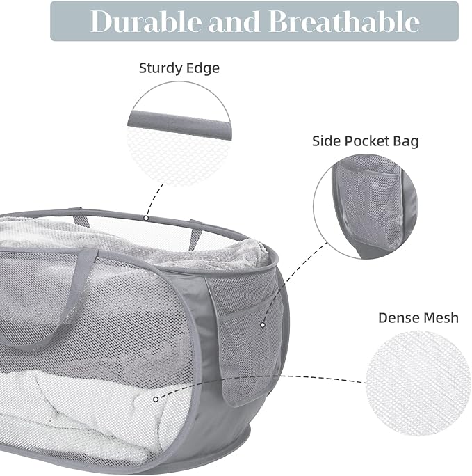 4 Pack Collapsible Laundry Baskets, Foldable Laundry Basket with Pocket, Durable Pop Up Hampers, Reinforced Handles Dirty Clothes Hamper for Laundry, Bedroom, Bathroom, Dorm, Travel or Camping Grey