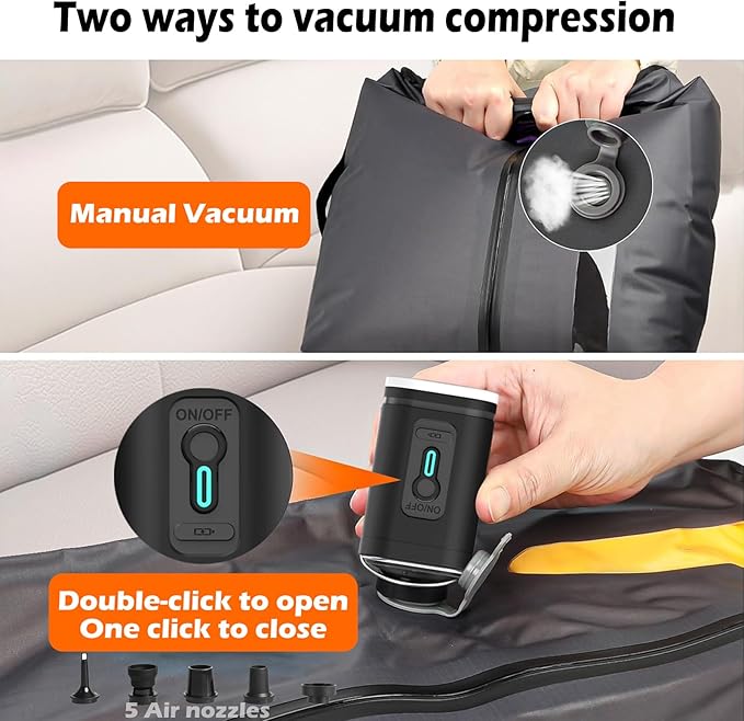 Vacuum Bags with Wireless Pump, Reusable Compression Space Saver for Travel, Visual Window, Sealed and Dust-Free, IP68 Waterproof Packing Cubes for Carry on Suitcases and Backpacks (Jet Black 20L 2PC)