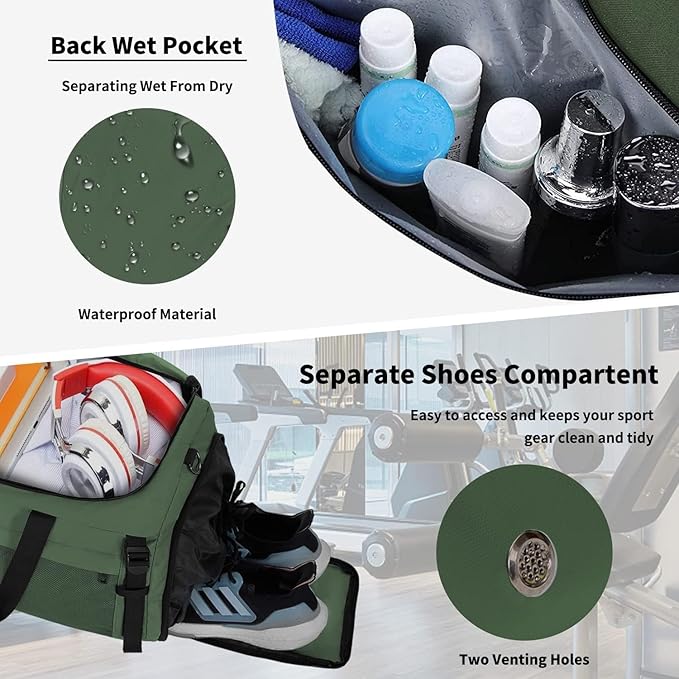 Extra Large Sports Gym Bag, Travel Duffel bag with Wet Pocket & Shoes Compartment for men women, 85L, Lightweight （Green）