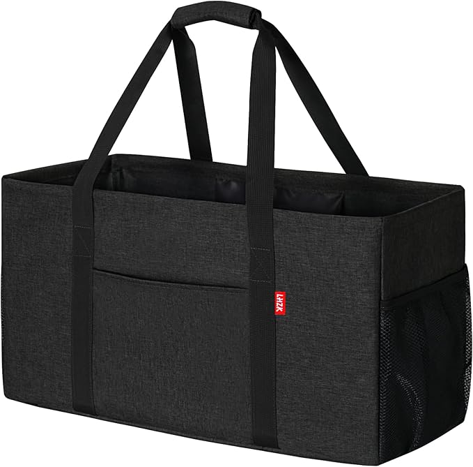 LHZK Standing Extra Large Utility Tote Bag with Metal Wire Frame and the Sides Rinforced, Extra Large Tote Bag with Handle, Reusable Grocery Bags Foldable, Beach Bag, Car Tote (Black) | Metal Wire Frame