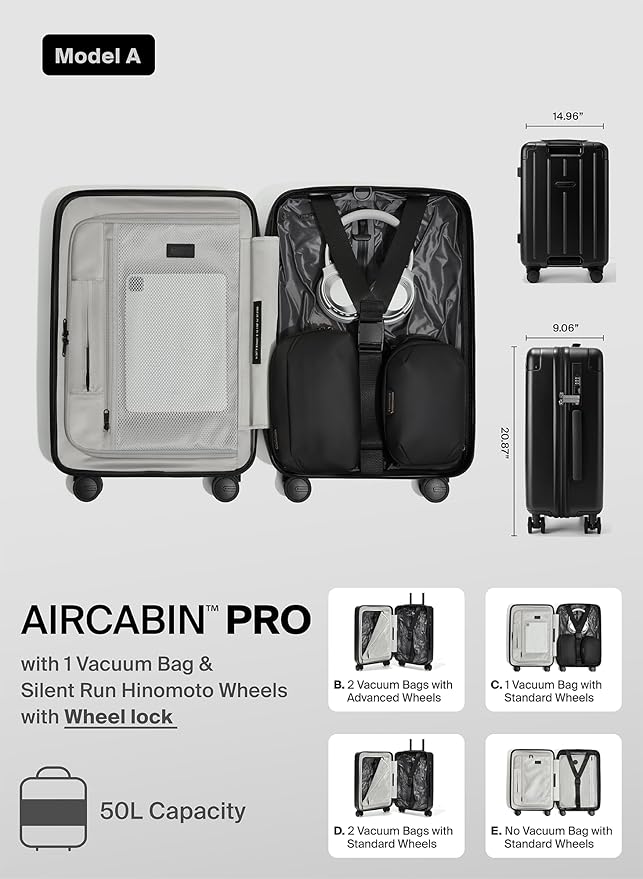 BlackVoyage Air Vacuum Seal Suitcase Carry-On 20-Inch Travel Luggage USB Port 20" AirCabin Air Compression Pump (Matte Black - Pro, 50L Capacity (1 Vacuum Bag))