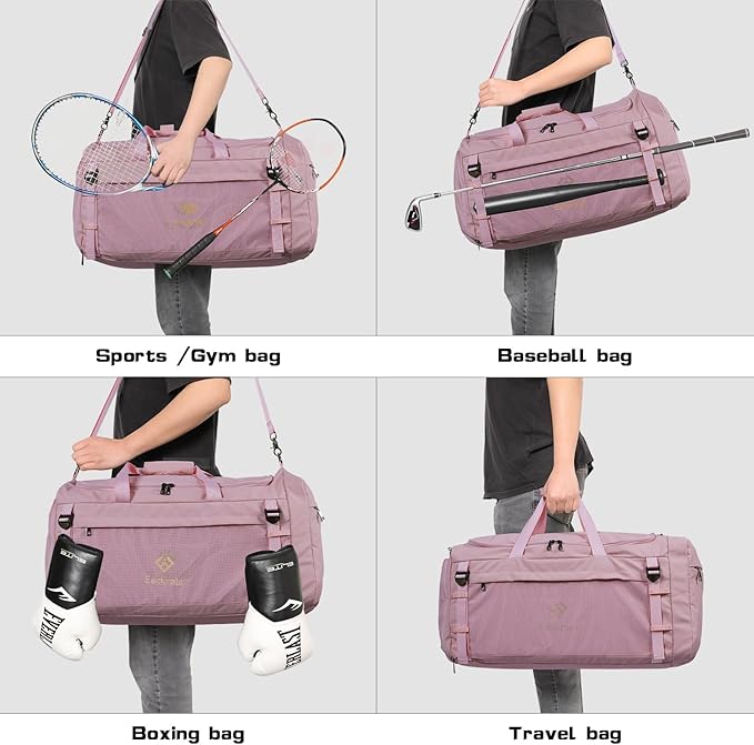 Large Sports Gym Bag, Travel Duffel bag with Wet Pocket & Shoes Compartment for men women, 65L, Lightweight（Pink）