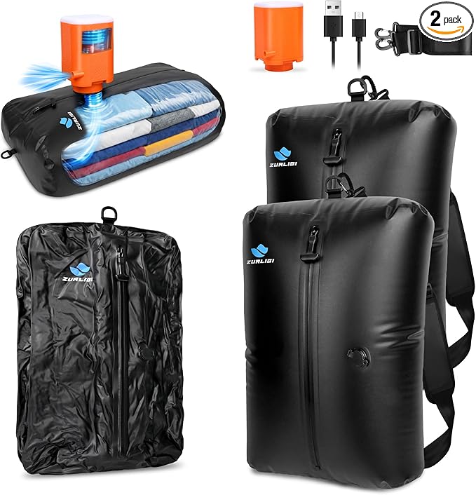 Zurligi Travel Vacuum Bag Kit with Wireless Pump, IPX8 Waterproof Durable, Airtight Heavy-Duty Zipper, Portable Reusable Compression Packing Cubes with Shoulder Strap for Travel, Moving, Home Storage