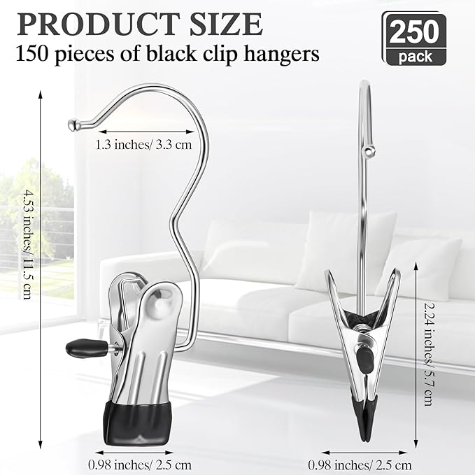 Yinder 250 Pcs Boot Hangers Clips Laundry Hooks Hanging Stainless Steel Clothes Pins Portable Clip Hangers for Closet Travel Socks Pants Handbags Hats Towels (Black)